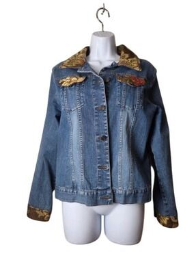 Too-She-She Vintage Y2K Tapestry Denim Jacket Medium Boho Embellished Festival